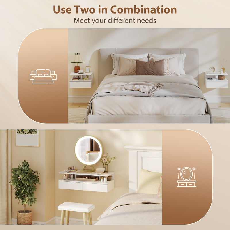 Floating Bedside Cabinets Set of 2 with Drawer and Shelf Space Saving Storage White AOSOM