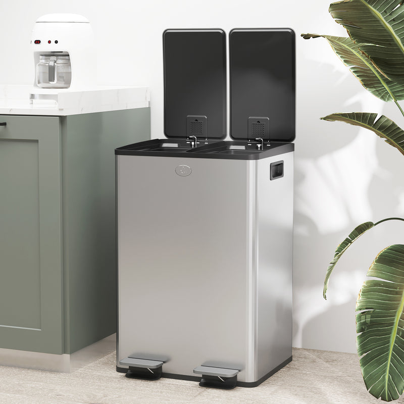 Stainless Steel 56L Dual Compartment Kitchen Bin With Deodoriser Ideal for Waste Separation