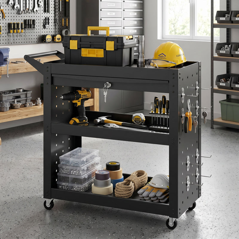 Tool Trolley with Lockable Drawer and Pegboards for Organised Workshop Storage Black