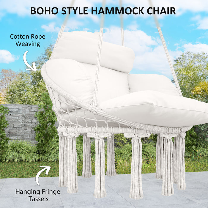 Cream White Hanging Hammock Chair with Cushion Boho Cotton Rope Swing Seat by Outsunny