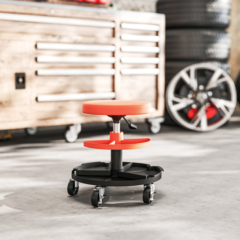 Mechanic Rolling Stool with Height Adjustment and Tool Trays for Garage and Workshop Yellow AOSOM