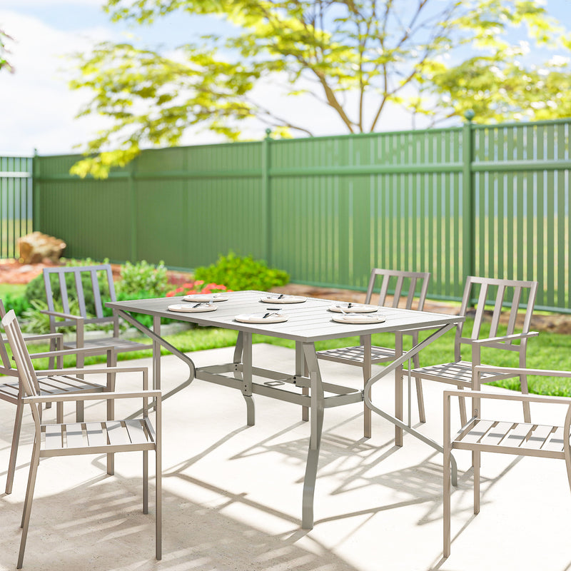 Garden Dining Table for 6 with Parasol Hole and Slatted Top Galvanised Steel Light Grey Outsunny