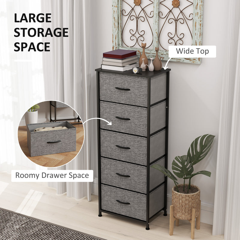 Fabric Chest of Drawers with 5 Storage Drawers Steel Frame and Wooden Top Dark Grey by HOMCOM