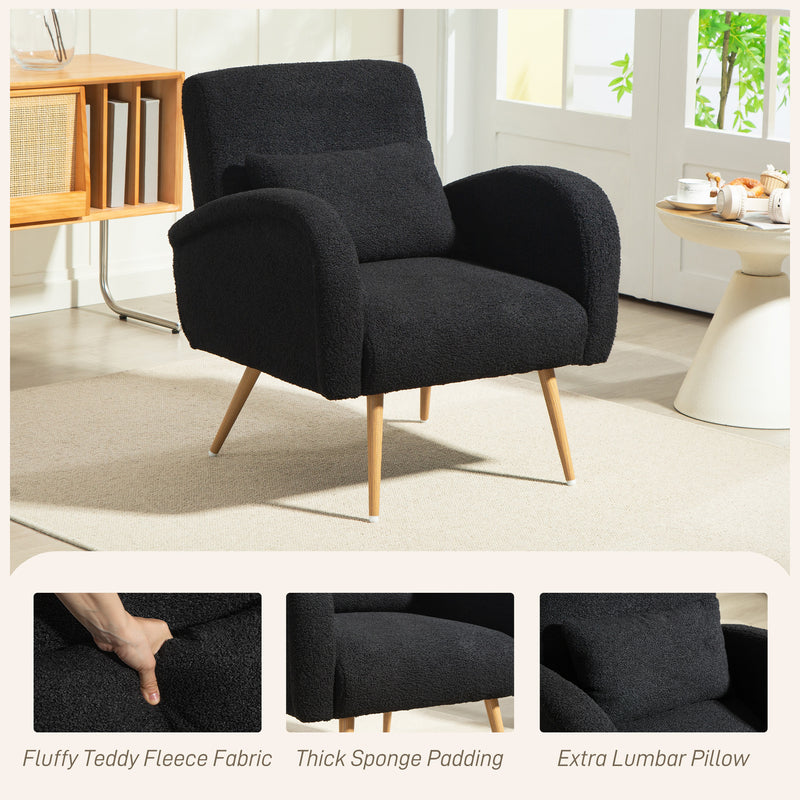 Black Teddy Fleece Accent Chair With Supportive Backrest For Lounge Or Bedroom