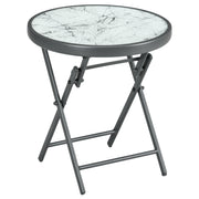 White Round Folding Garden Table with Marble Effect Top Small Outdoor Coffee Table