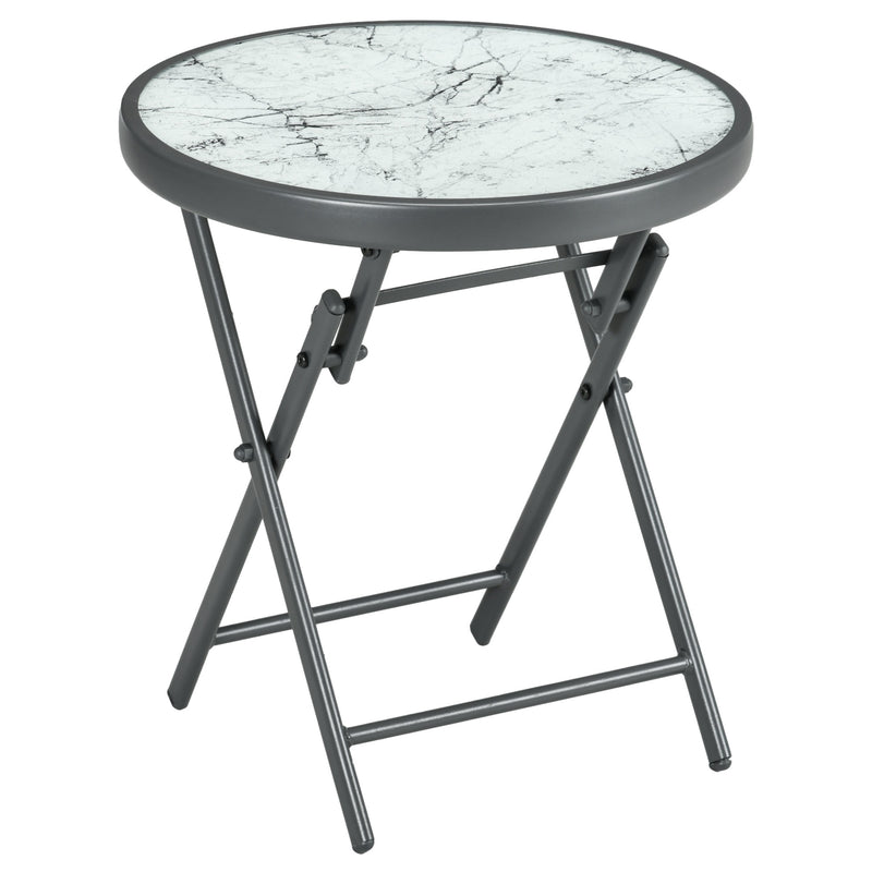 White Round Folding Garden Table with Marble Effect Top Small Outdoor Coffee Table