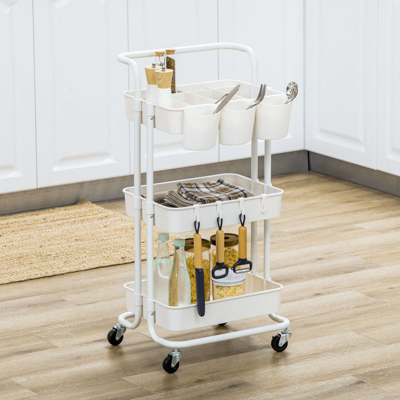 White Three Tier Home Trolley with Handle and Wheels by HOMCOM