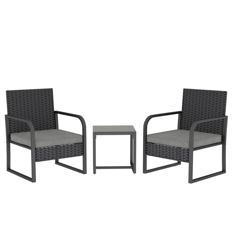 Rattan Garden Bistro Set for Two with Cushions and Glass Table for Small Spaces Black AOSOM