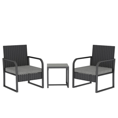 Rattan Garden Bistro Set for Two with Cushions and Glass Table for Small Spaces Black AOSOM
