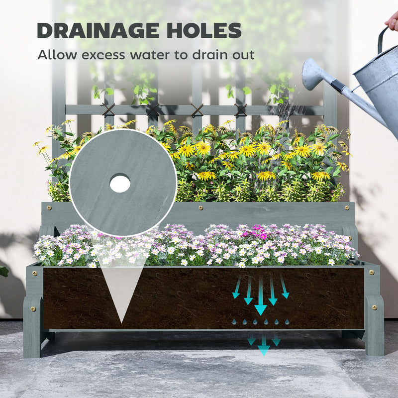 Grey 2 Tier Raised Garden Bed with Trellis Wooden Planter Box for Climbing Plants by Outsunny