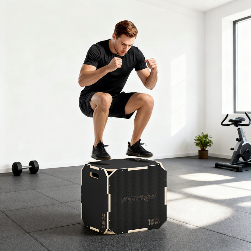 Wooden Plyo Jump Box Non Slip Surface For Home Fitness And Cardio Workouts Natural AOSOM