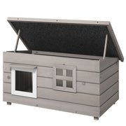 Grey Wooden Outdoor Cat House Raised Shelter with Openable Roof and Window by PawHut