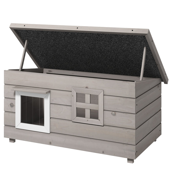 Grey Wooden Outdoor Cat House Raised Shelter with Openable Roof and Window by PawHut