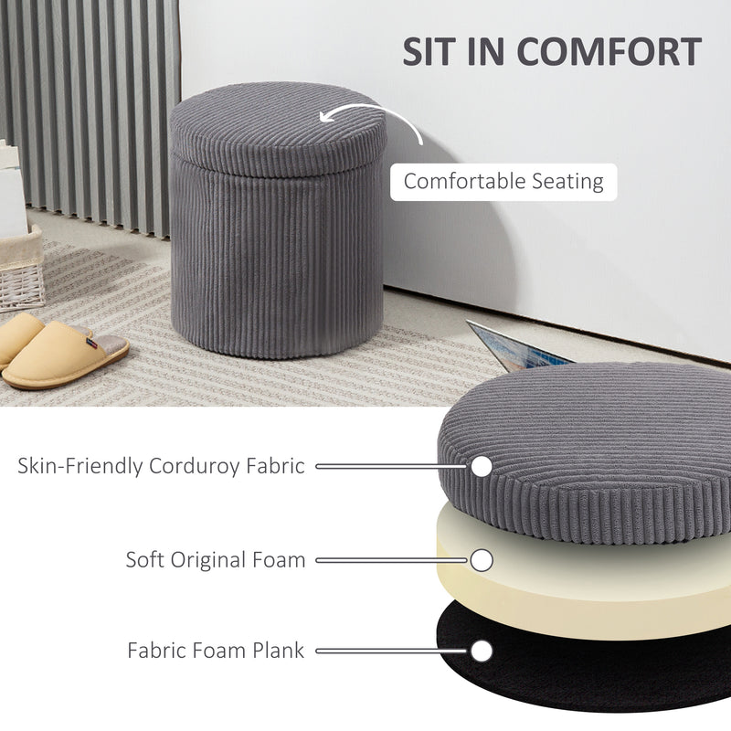 Grey 40cm Round Storage Ottoman Corduroy Footstool with Removable Lid and Legs by HOMCOM