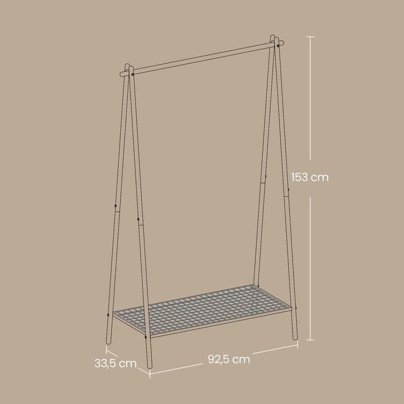 Labelled dimensions diagram of the clothes rack showing 92.5 x 33.5 x 153 cm