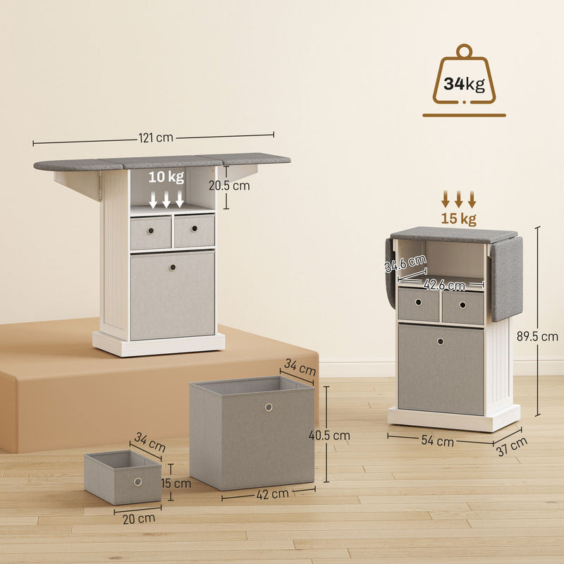Dimensions diagram for Homcom ironing board cabinet, unfolded and folded sizes