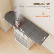 Ironing board cabinet open compartment with folded clothes in a closet