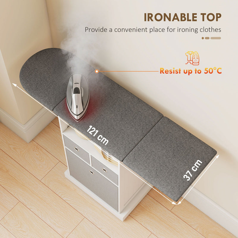 Ironing board cabinet open compartment with folded clothes in a closet