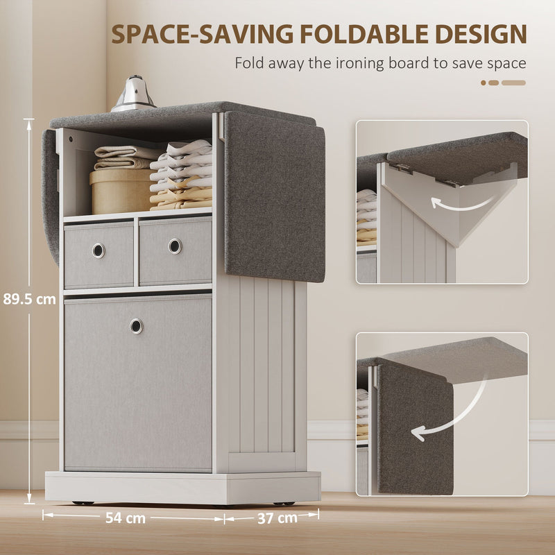 Close-up of the ironing board cabinet folded down to 89.5 cm high