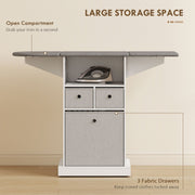 Ironing board cabinet open compartment and three fabric drawers for storage
