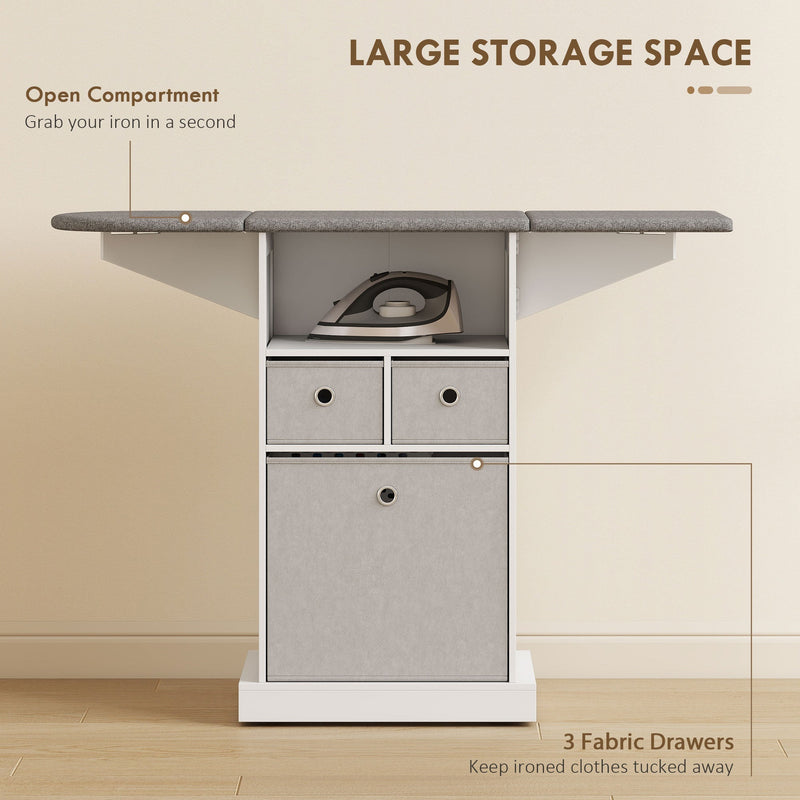 Ironing board cabinet open compartment and three fabric drawers for storage
