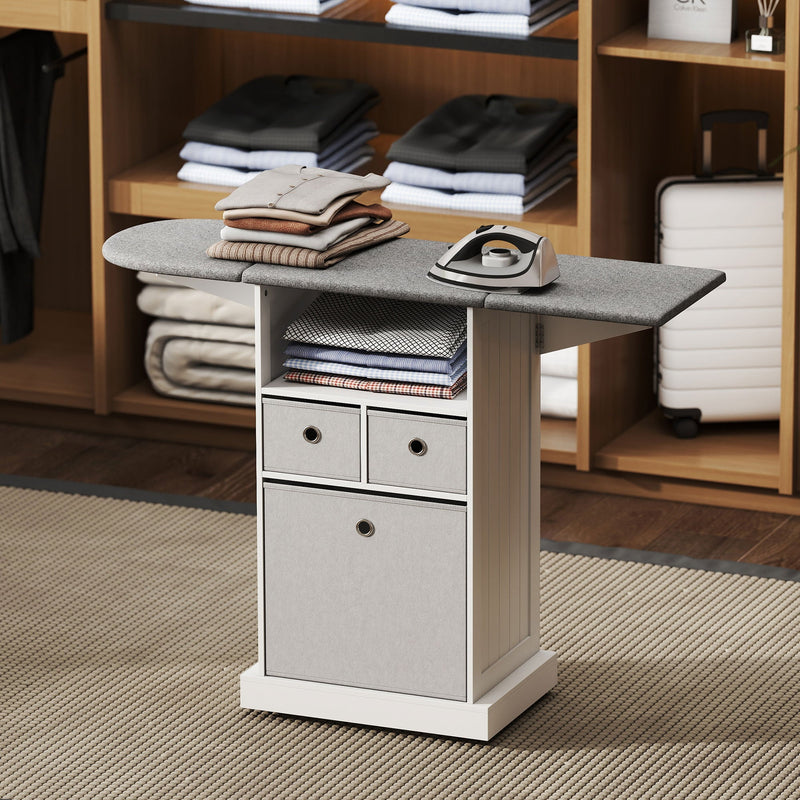 Ironing board cabinet folded compactly in a bedroom closet with towels