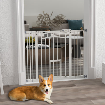 Pressure Fit Stair Dog Gate with Cat Door and Auto Close for 74 to 100 cm Openings White