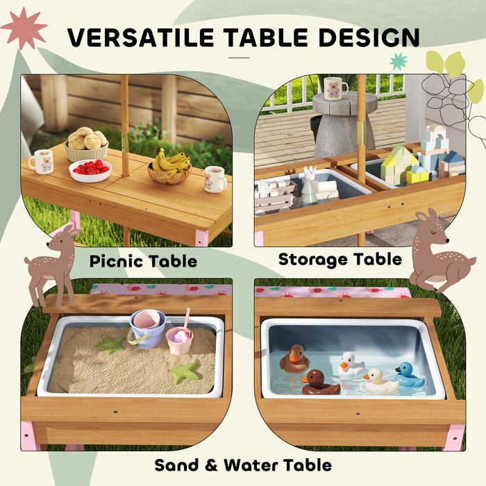 Kids Picnic Table Set with Foldable Umbrella Cushions Storage Boxes Flamingo Design Pink by AIYAPLAY