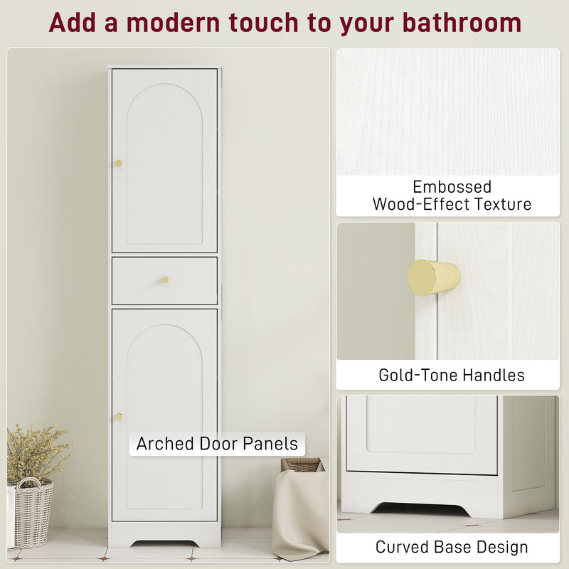 Tall Bathroom Storage Cabinet with Arched Double Doors and Shelves for Home, White