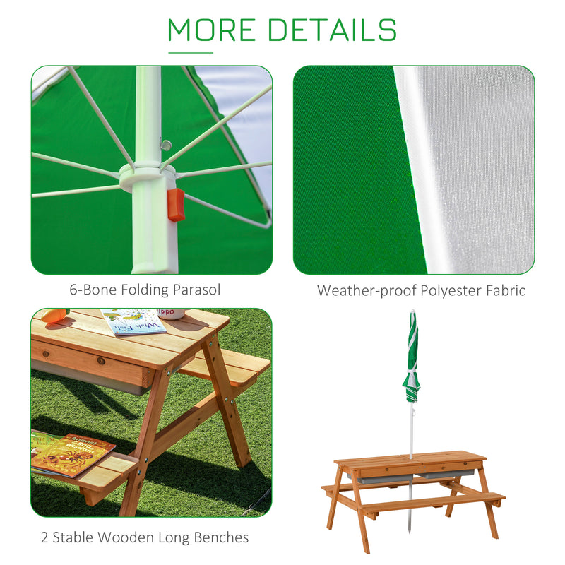 Kids Wooden Picnic Table with Benches Sand and Water Play Adjustable Parasol by Outsunny