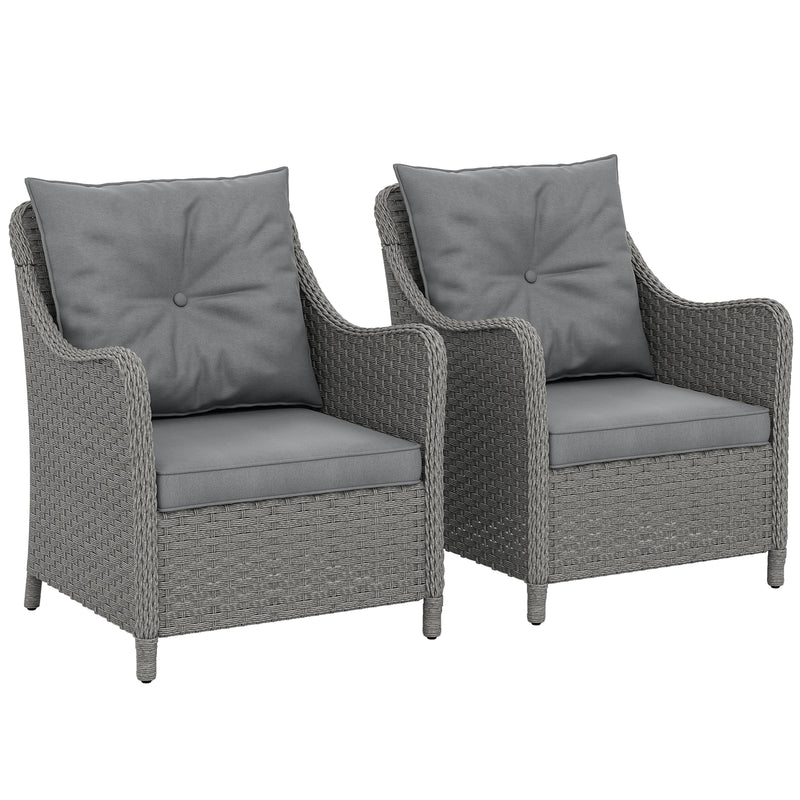 Set of 2 Rattan Garden Chairs with Cushions High Back and Armrests for Outdoor Use, Dark Grey