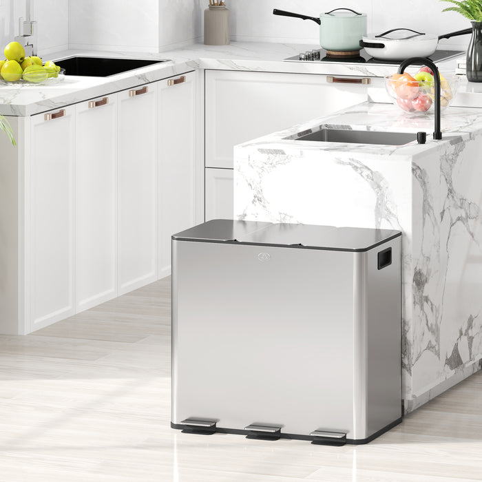 Steel Triple Kitchen Pedal Bin 3 x 15L with Soft Close Lid and Removable Buckets by HOMCOM