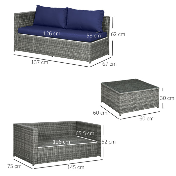 3 Seater Rattan Garden Sofa Set With Coffee Table Grey With Blue Cushions By Outsunny