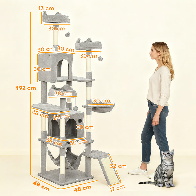 Tall Multi Level Cat Tree for Two or More Cats with Scratch Posts and Cosy Beds Light Grey
