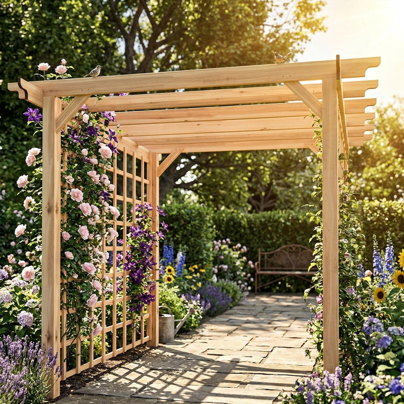 3x3m Wooden Garden Pergola with Trellis for Natural Shade and Privacy Nature Wood Finish Outsunny