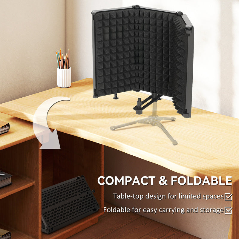 Foldable Microphone Isolation Shield With Adjustable Panels For Studio Recording Black AOSOM