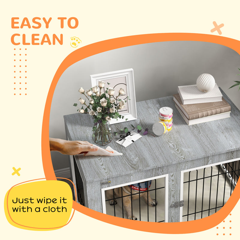 Dog Crate Side Table for Medium and Large Dogs with Cushioned Base and Lockable Doors Grey