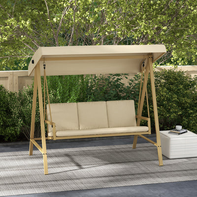 Beige 3 Seater Garden Swing Chair With Adjustable Canopy For Relaxing Outdoors