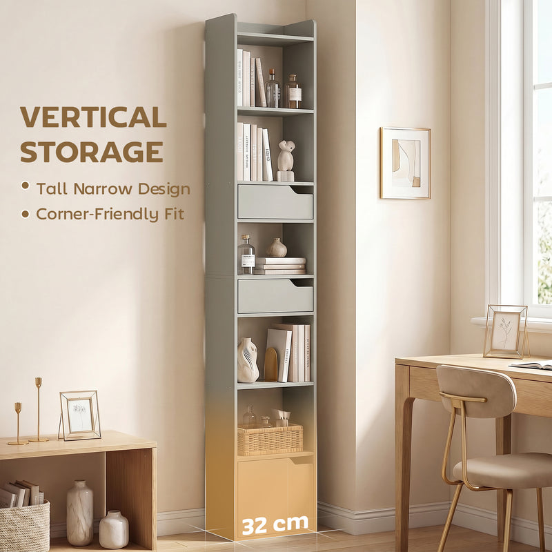 Slim Bookcase with Shelves Drawers and Cabinet for Small Room Storage Grey