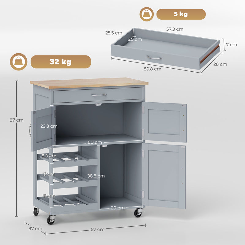 Kitchen Trolley with Storage Cabinets and Wine Rack for Extra Prep Space Grey