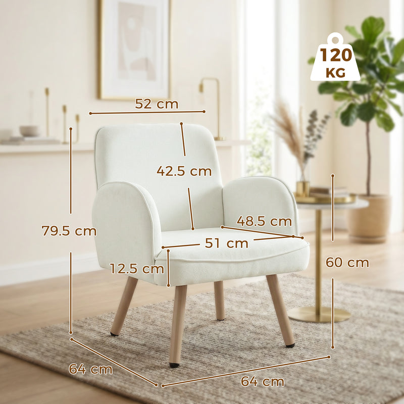 Velvet Armchair with Supportive Cushion and Sturdy Frame for Living Room or Bedroom Cream White Homcom