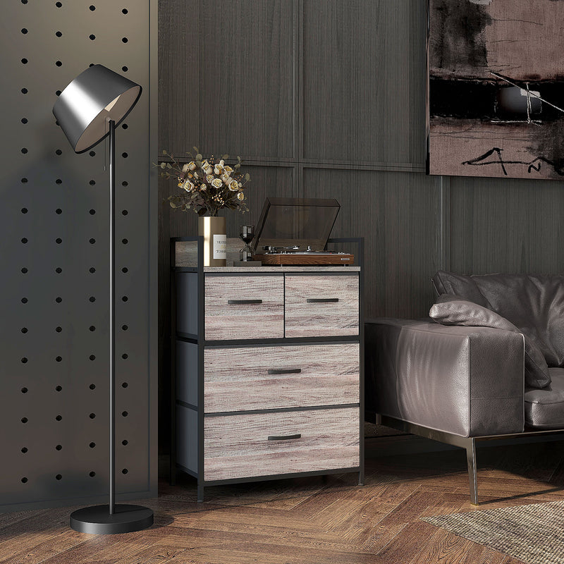 Rustic Chest with 4 Fabric Drawers for Bedroom or Hallway Storage Grey Wood Effect