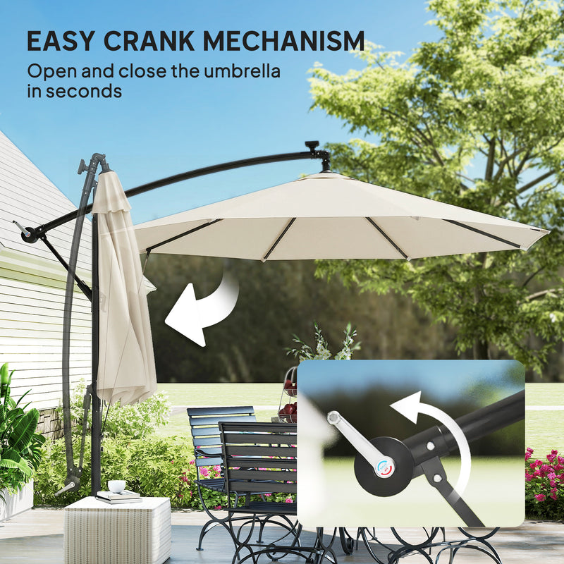 Garden Cantilever Parasol with Solar LED Lights for Evening Patio Shade Cream White Outsunny