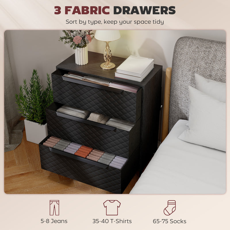 3 Drawer Fabric Chest of Drawers with Aluminium Handles for Bedroom Storage Black