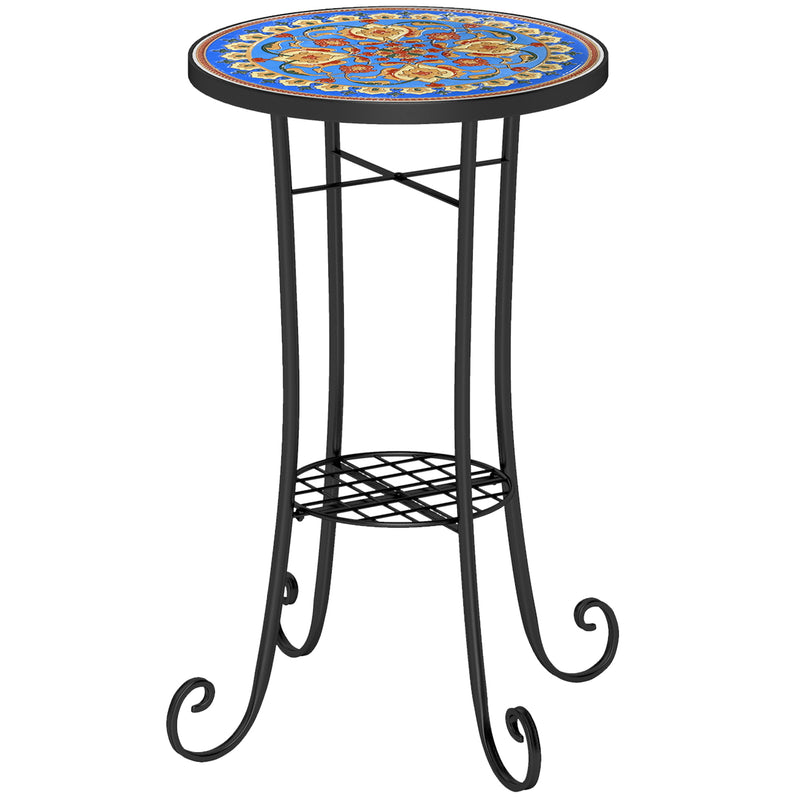 Blue Mosaic Garden Table 35.5 cm Round Ceramic Tile Top with Shelf for Patio Balcony Indoor by Outsunny