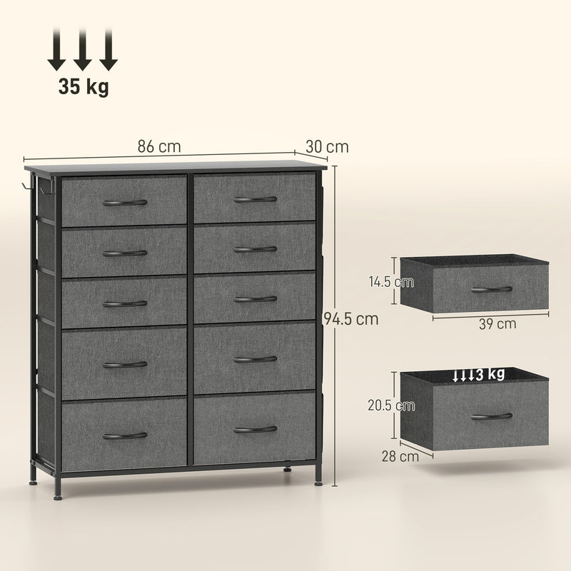 Tall Chest of 10 Fabric Drawers for Bedroom Storage with Steel Frame, Charcoal Grey