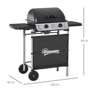 2 Burner Gas BBQ Trolley with Lid 5.6 kW Grill Wheels and Side Shelves Grey by Outsunny
