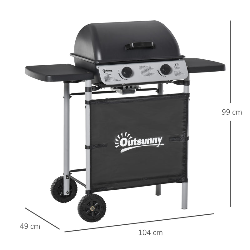 2 Burner Gas BBQ Trolley with Lid 5.6 kW Grill Wheels and Side Shelves Grey by Outsunny