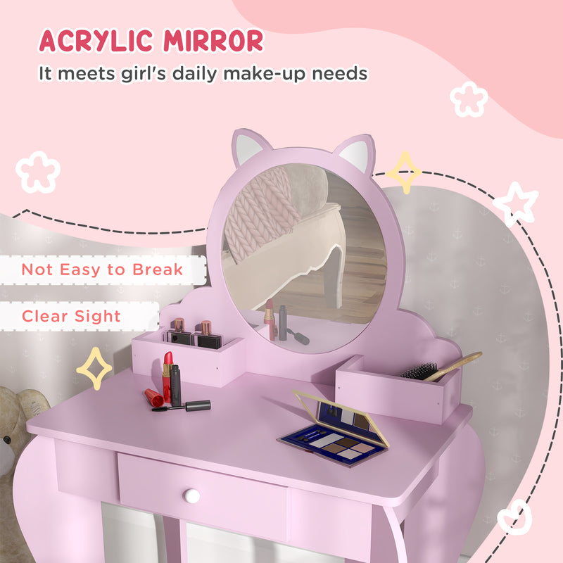 Kids Vanity Table with Mirror Stool and Storage Ideal for Ages 3 to 6 Years, Pink