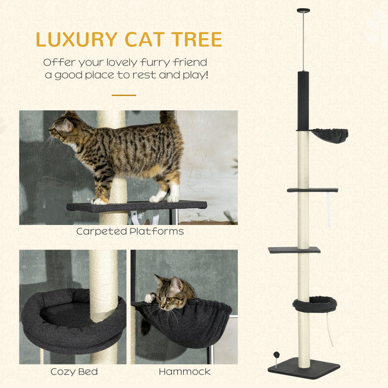 5 Tier Floor to Ceiling Cat Tree Tower With Hammock and Bed for Indoor Cats Black Cream